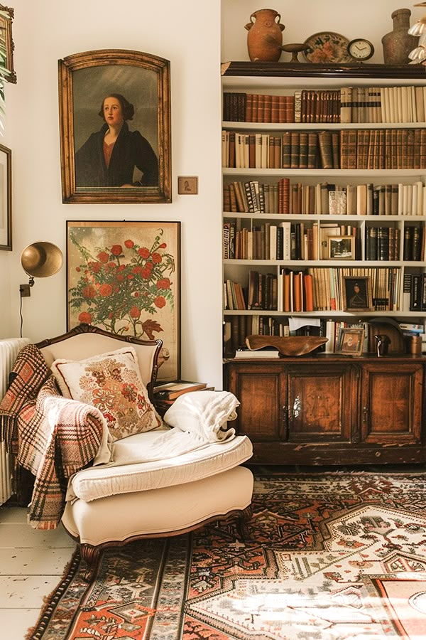 a living room filled with furniture and bookshelves next to a painting on the wall