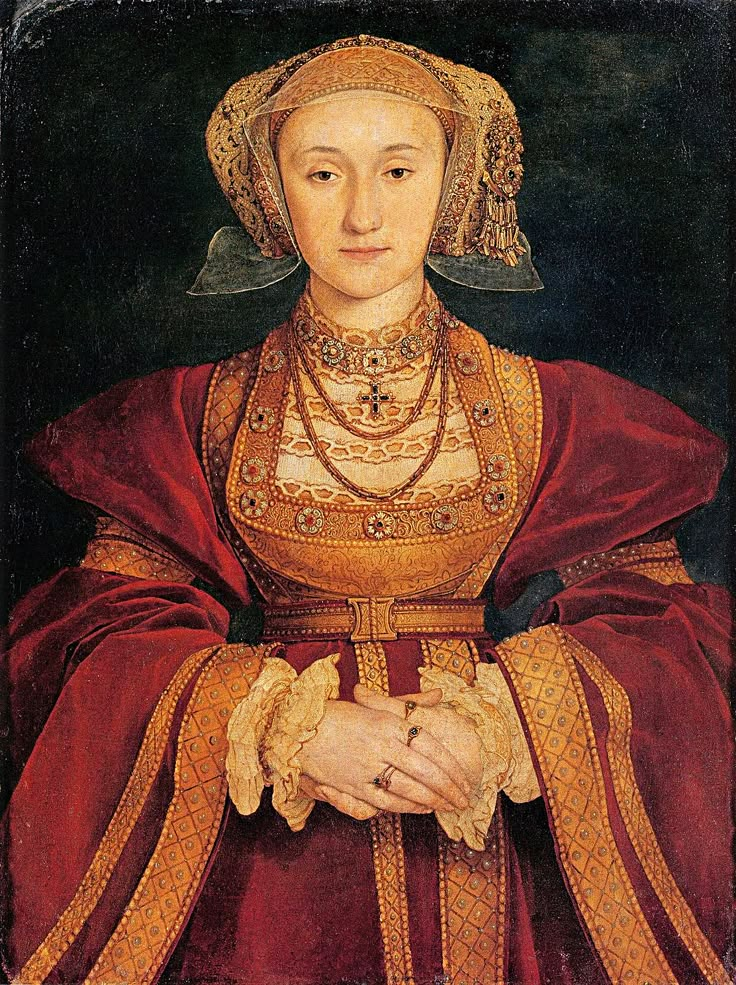 an old painting of a woman in red and gold dress with pearls on her head