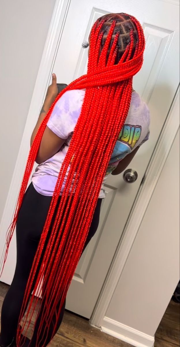 All Red Braids On Black Hair, Long Red Braids For Black Women, All Red Box Braids, All Red Knotless Braids, Large Red Knotless Box Braids, All Red Braids, Medium Red Knotless Braids, Red Jumbo Knotless Box Braids, Red Braids On Black Hair