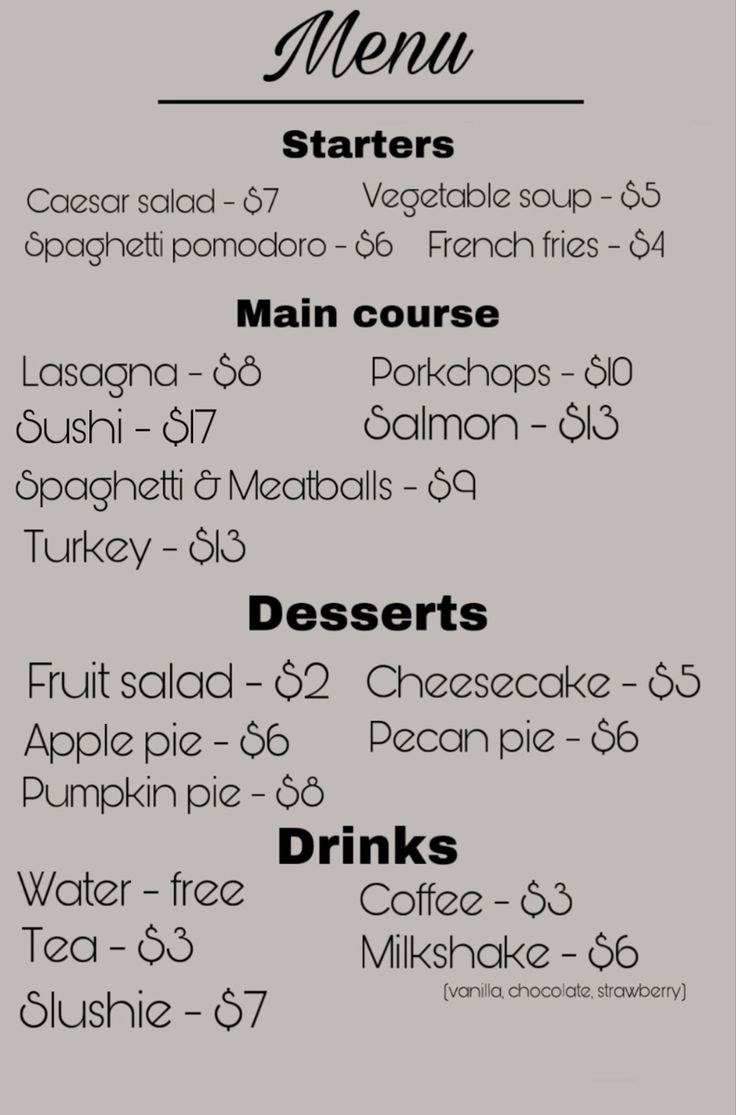 a menu for an italian restaurant with prices and drinks on the side, along with other items to choose from