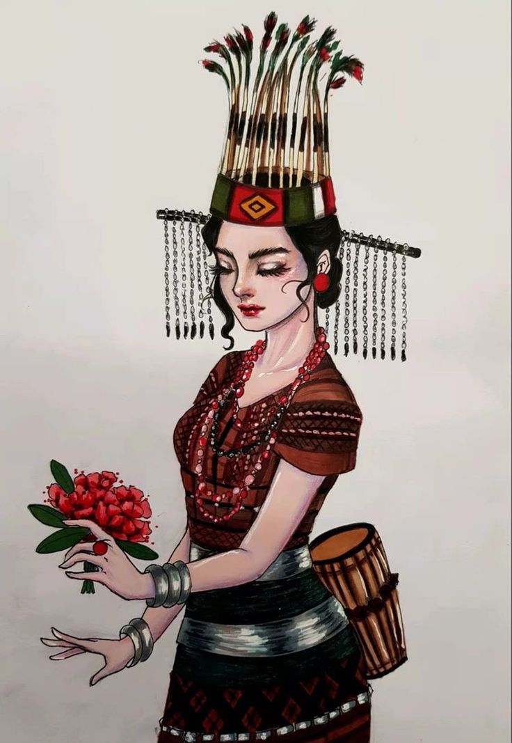 a painting of a woman holding flowers in her hand and wearing a headdress