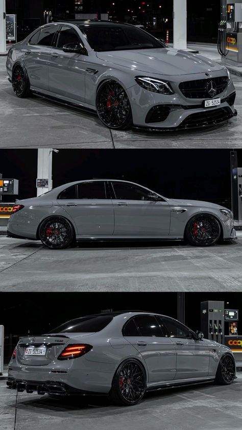 three different views of the mercedes s - class coupe in grey and black with red rims