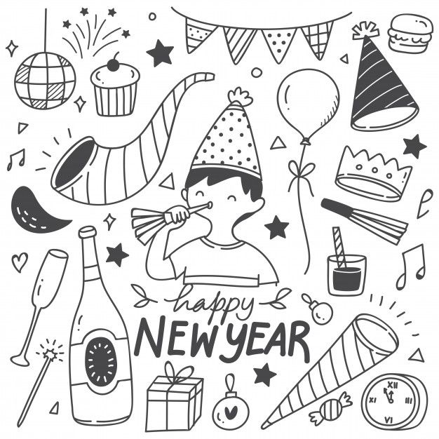 happy new year card with hand drawn doodles and party items in black and white