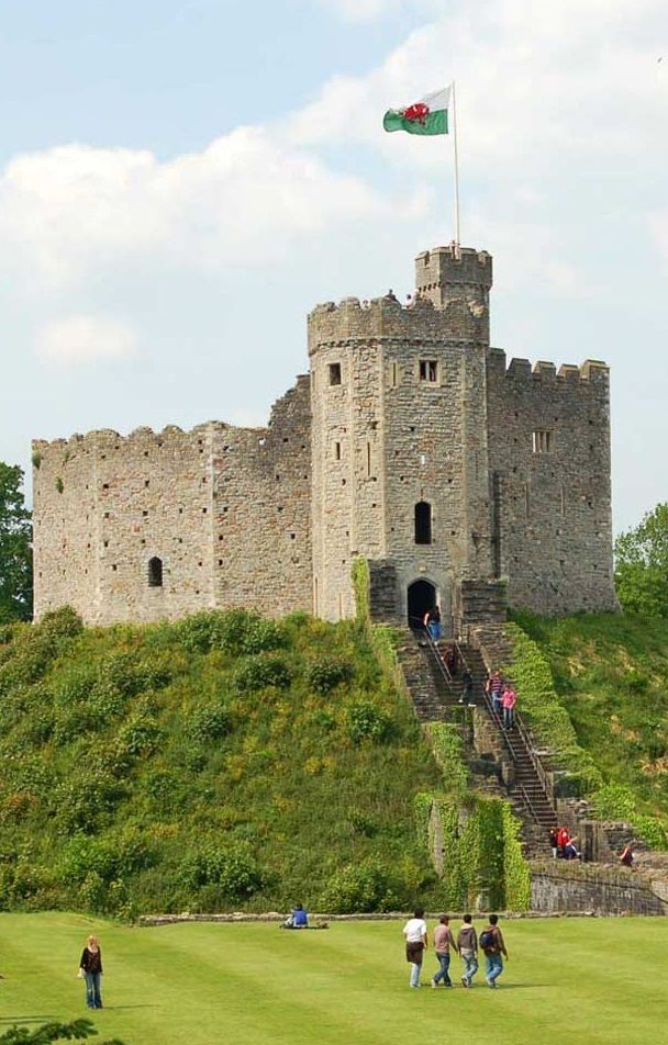 people are standing on the grass near a castle with stairs leading up to it and a flag flying high in the sky