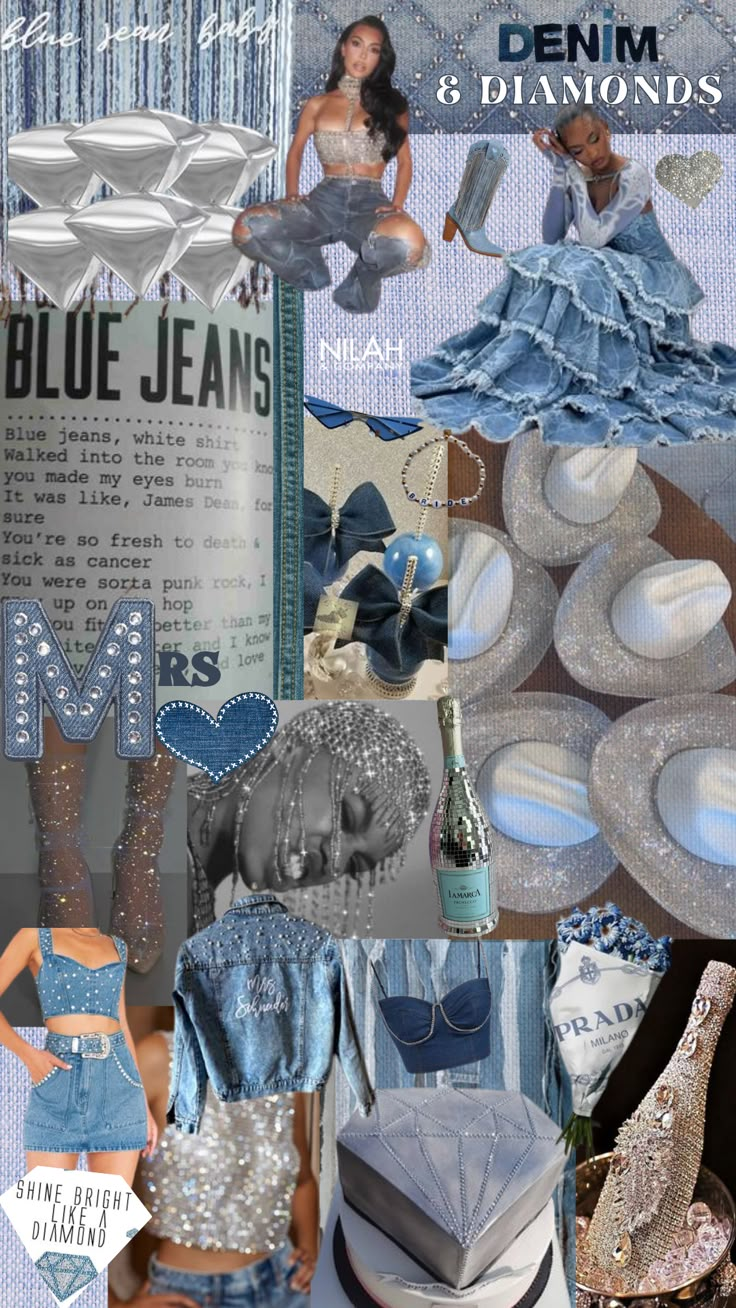 a collage of blue jean's and other items with the words denim diamonds on them