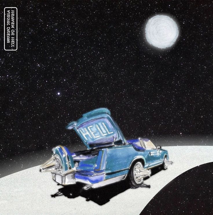 an image of a car with the hood open in front of a moon and stars