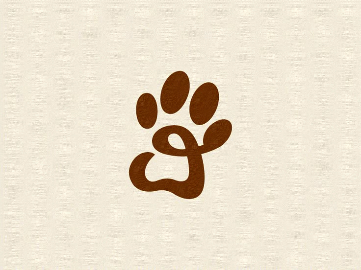 the letter e is made up of two paw prints, one brown and one white