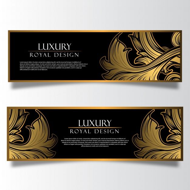 two black and gold banners with floral designs on them, one is for luxury design