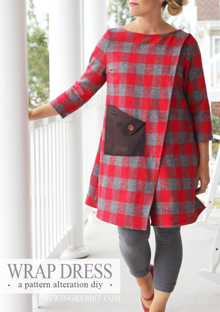 a woman wearing a red and gray plaid dress with pockets on the front, standing in an open porch