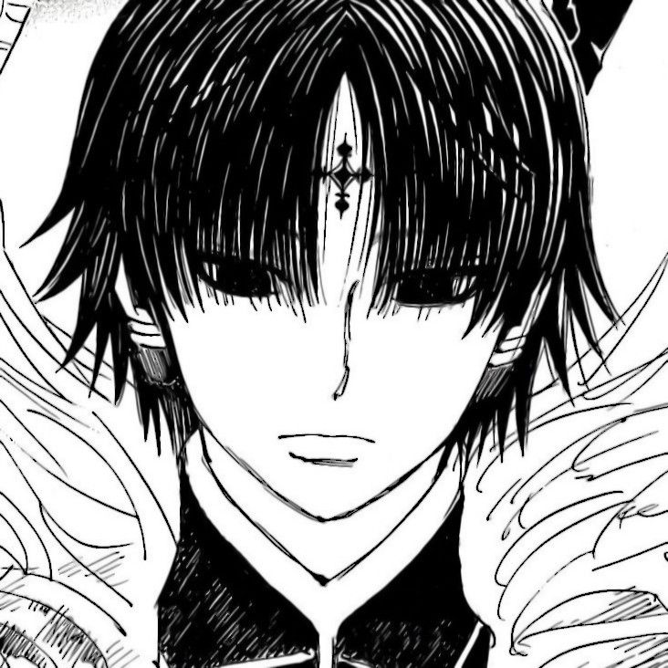 an anime character with black hair and wings on his chest, looking at the camera