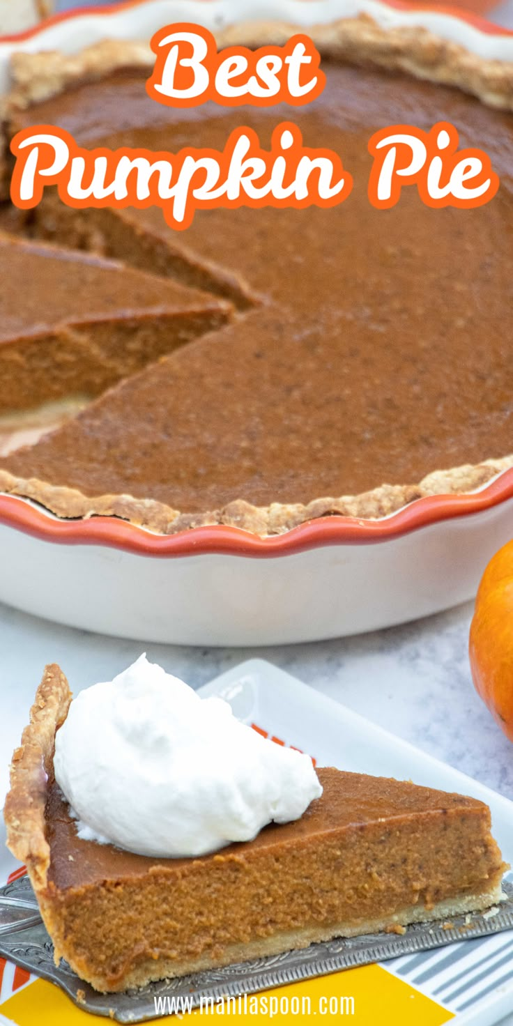 a slice of pumpkin pie on a plate with whipped cream and an orange in the background