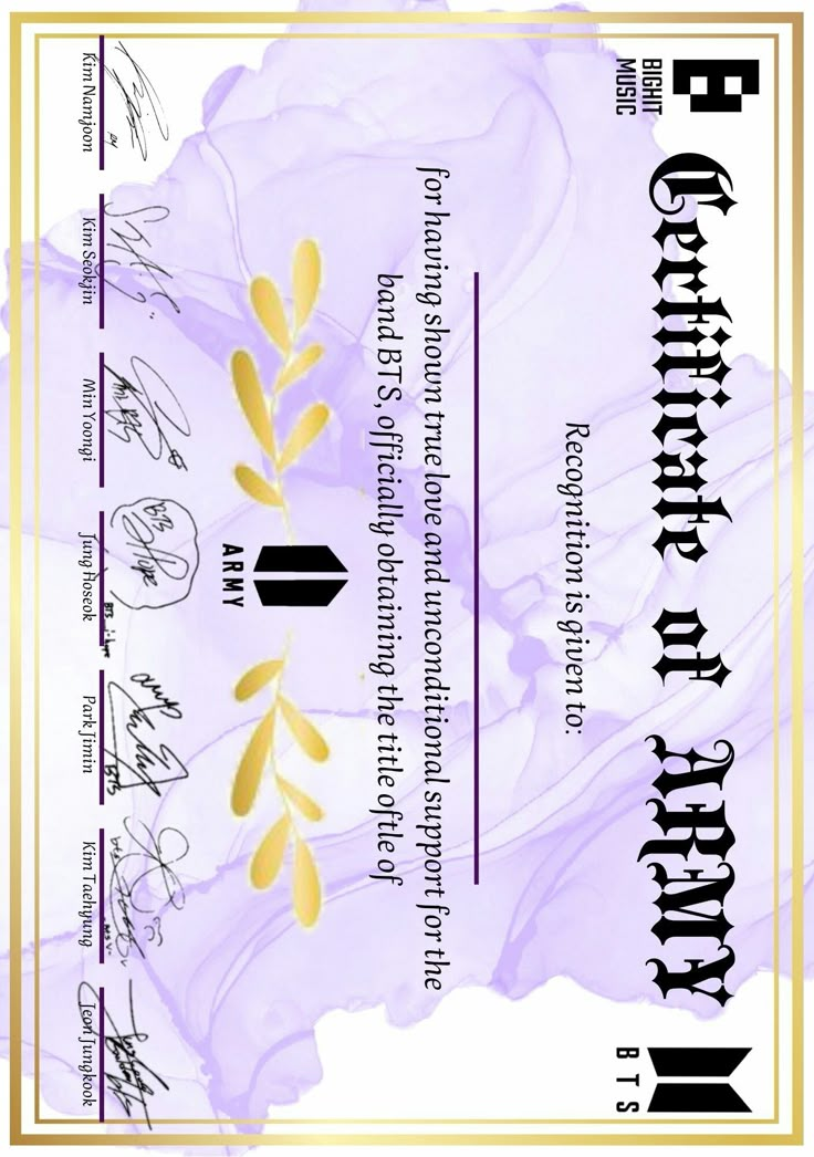 a certificate with gold and purple flowers on it