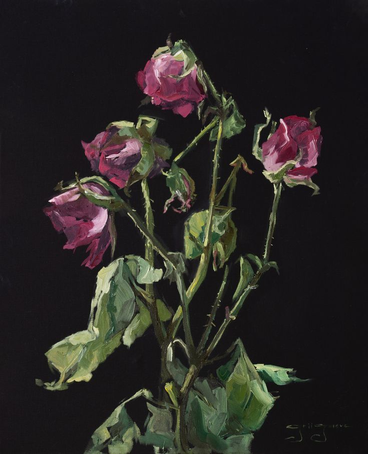 a painting of pink roses in a glass vase on a black background with green leaves