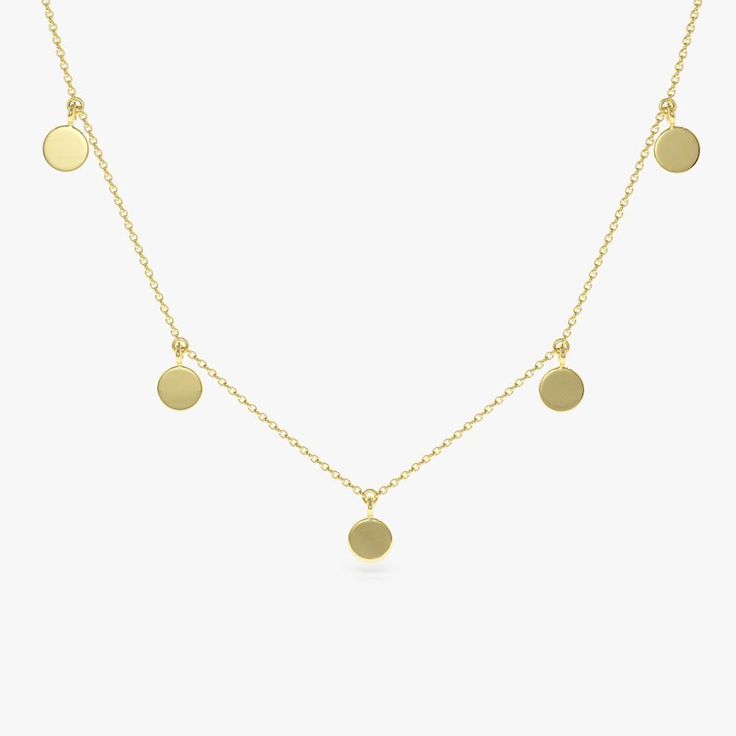 Made to Order. 
Gold Kt: 14K
Available Gold Color: Rose Gold, Yellow Gold, White Gold
Size of Disc - 5MM Diameter
Number of Discs: 9 Discs total on the Necklace
Ready to Ship in 7-10 Days Dainty Round Disc Coin Necklace For Everyday, Dainty Gold Circle Coin Necklace, Delicate 14k Gold-filled Yellow Gold Coin Necklace, Nickel-free Gold Round Disc Coin Necklace, Nickel-free Yellow Gold Round Disc Necklace, Jewelry Safe, Disc Necklace, Elegant Necklaces, Matching Bracelets