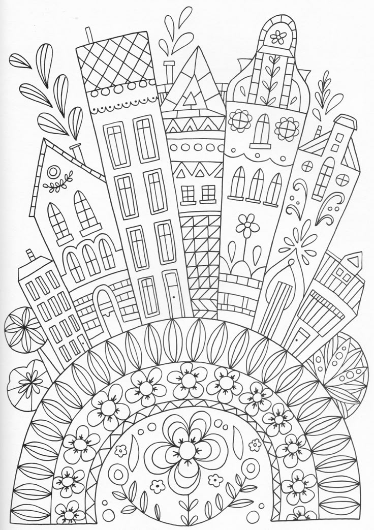 an adult coloring page with houses and flowers in the center, on top of a white background