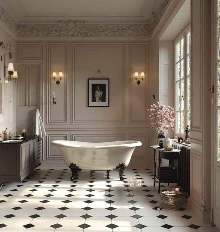 an elegant bathroom with black and white flooring, chandelier, bathtub and sink