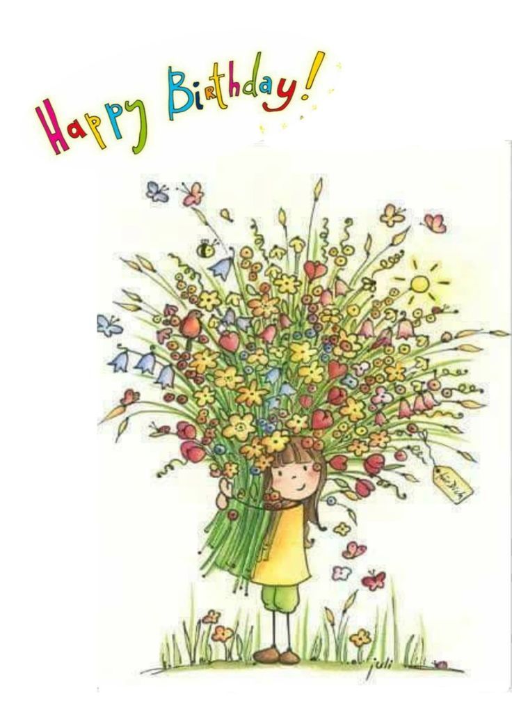 a birthday card with a girl holding a bouquet of flowers