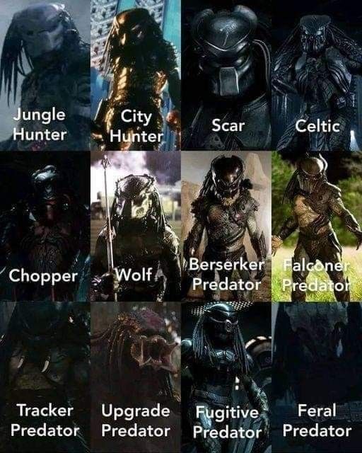 the predator movie character names and their characters in different movies, including person, alien hunter,