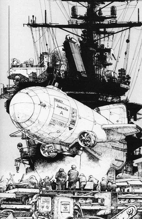 a drawing of an airplane on the deck of a ship with other ships in the background