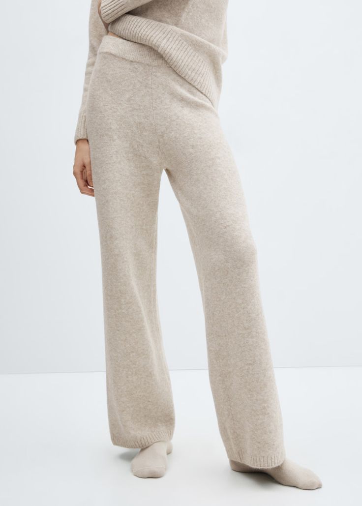 Knitted pyjama pants - Woman | MANGO USA Elegant Ribbed Pants For Fall, Beige Soft Knit Bottoms For Fall, Elegant Beige Knit Bottoms, Casual Cashmere Bottoms With Ribbed Waistband, Soft Knit Beige Bottoms, Casual Cashmere Bottoms For Fall, Elegant Ribbed Straight Pants, Elegant Knit Pants For Loungewear, Elegant Knit Bottoms For Workwear