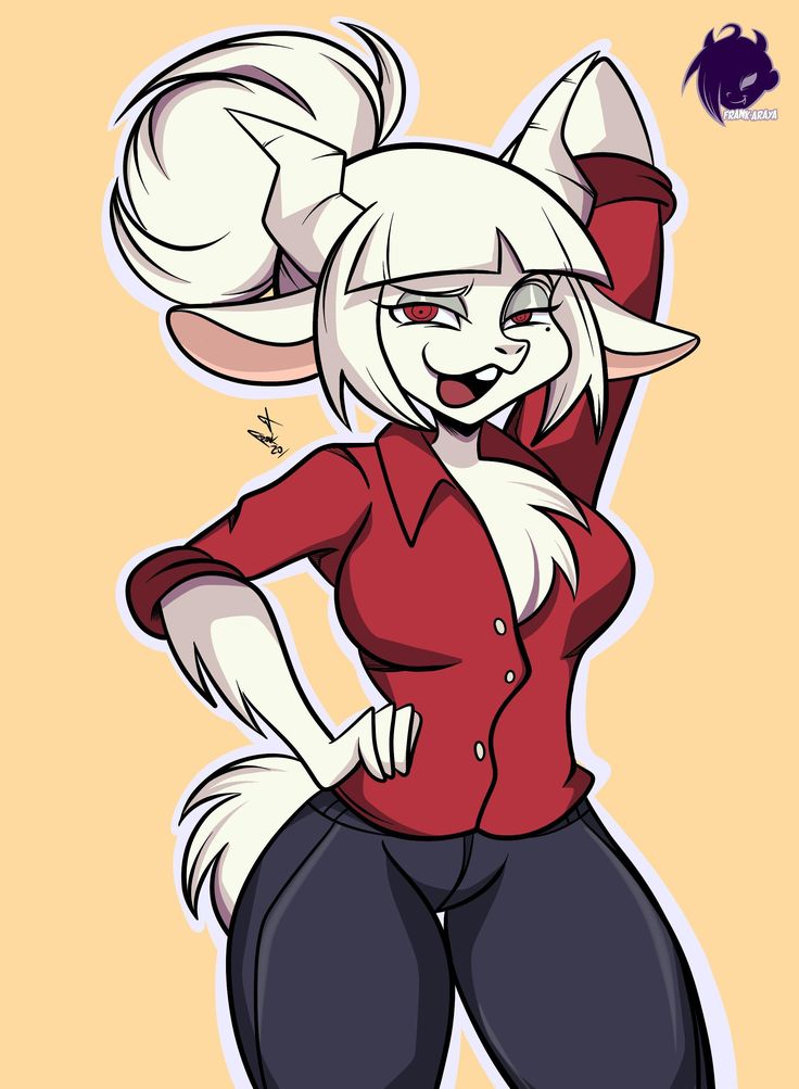 an image of a cartoon character in red shirt and black pants with her hands on her hips