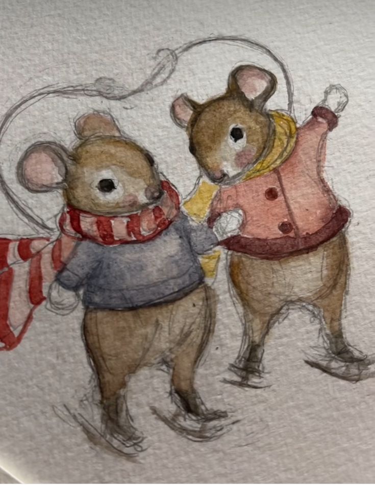 two mouses are standing next to each other wearing sweaters and scarves,