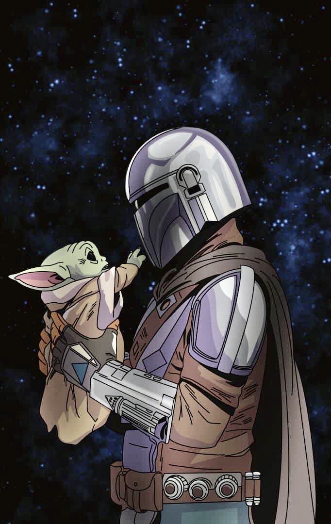 the child yoda is being hugged by an adult star wars character in front of a galaxy