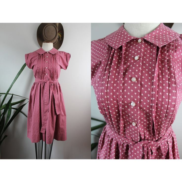 "Vintage printed cotton dress from the 1960s-1970s! Adorable and comfortable, this item looks to be home sewn and is one of a kind. Estimated size M. Please see measurements for accurate fit.  Measurements (taken laid flat, doubled where necessary): Length: 39\" Shoulders: 14\" Chest: 36\" Waist: 26\"-28\" Sleeve length: 5\" Condition: Good vintage condition. Some very light fading of pink color. No other notable signs of wear. Mannequin is a size Medium and measures 34,27,34. Height 5'6\" Thank you for visiting Bug B. v i s i t t h e s h o p www.BugBVintage.etsy.com" Fitted Cotton Midi Dress In Retro Style, Retro Cotton Vintage Dress With Vintage Pattern, Vintage Cotton Dresses With Vintage Pattern, 1950s Style Cotton Dress For Spring, Fitted Retro Cotton Midi Dress, Retro Fitted Cotton Midi Dress, Retro Cotton Dress With Vintage Pattern, Spring Cotton Vintage Dress With Vintage Print, Retro Print Dresses For Daywear