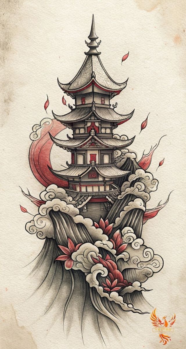 Japanese Temple Tattoo, Japanese Hand Tattoos, Ink Tattoo Design, Red Tattoo Ideas, Geisha Tattoo Design, Temple Tattoo, Red Ink Tattoo, Tattoo Japanese Style, Buddha Tattoo Design