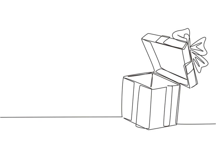 a black and white drawing of a gift box with a bow on it's top