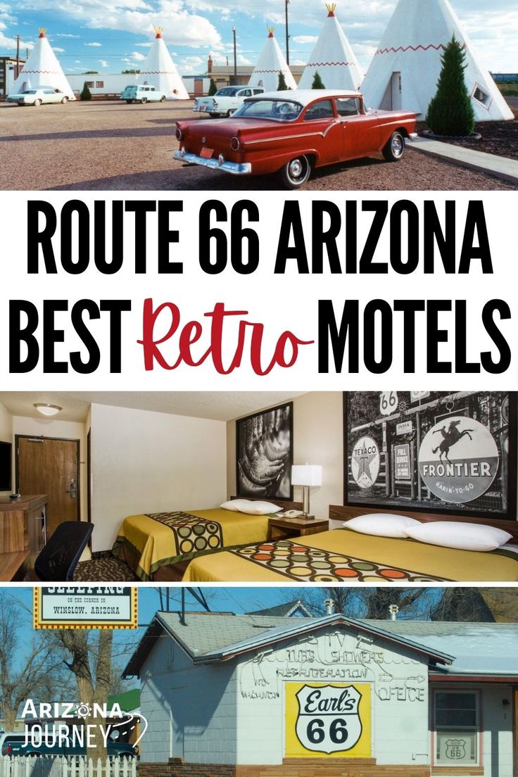 Montage of motels on route 66 in Arizona, two exterior shots, one showing double room Route 66 Arizona, Route 66 Trip, Travel Arizona, Route 66 Road Trip, Arizona Road Trip, East Coast Road Trip, Perfect Road Trip, Road Trip Packing, Road Trip Routes