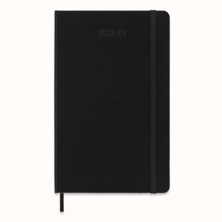 a black notebook on a white background