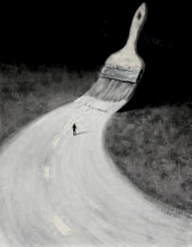 a painting of a person walking down a road with a paintbrush in the air