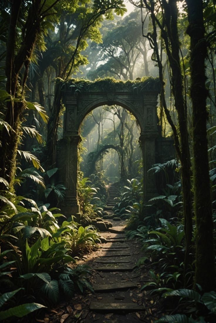 an arch in the middle of a forest with lots of trees and plants around it