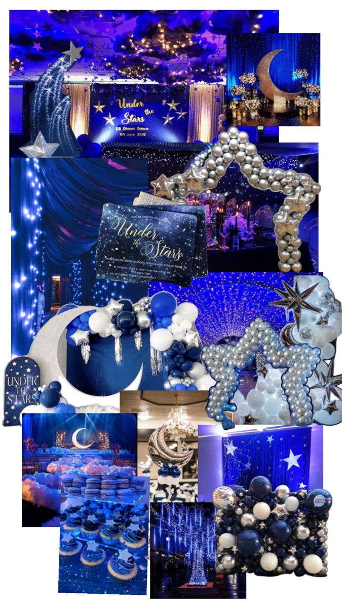 a collage of blue and white decorations with stars, moon, and snowflakes