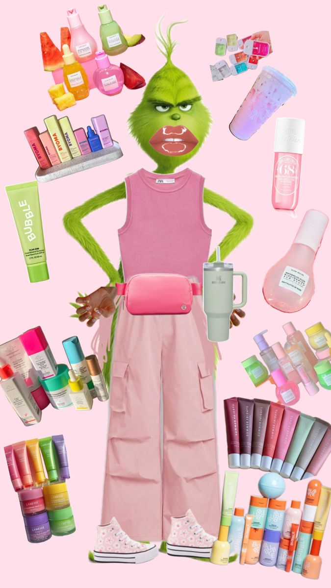 the grinch is standing in front of many cosmetics and hygiene products, including hand sanitizers