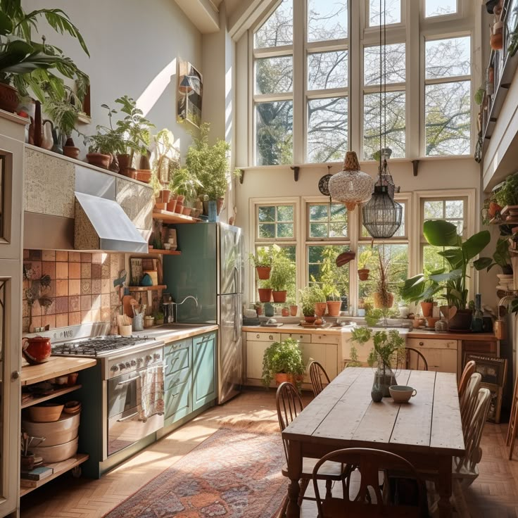 a kitchen with lots of potted plants in the window sill and wooden table