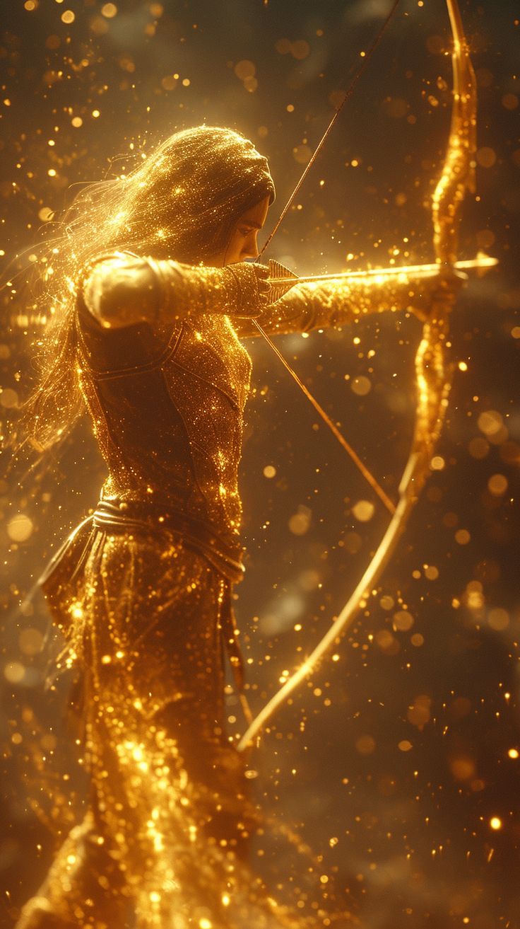 a woman dressed in gold holding a bow and arrow