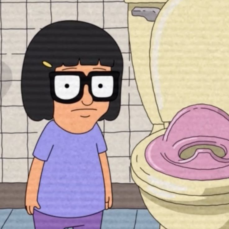 a cartoon character standing in front of a toilet with the lid up and glasses on