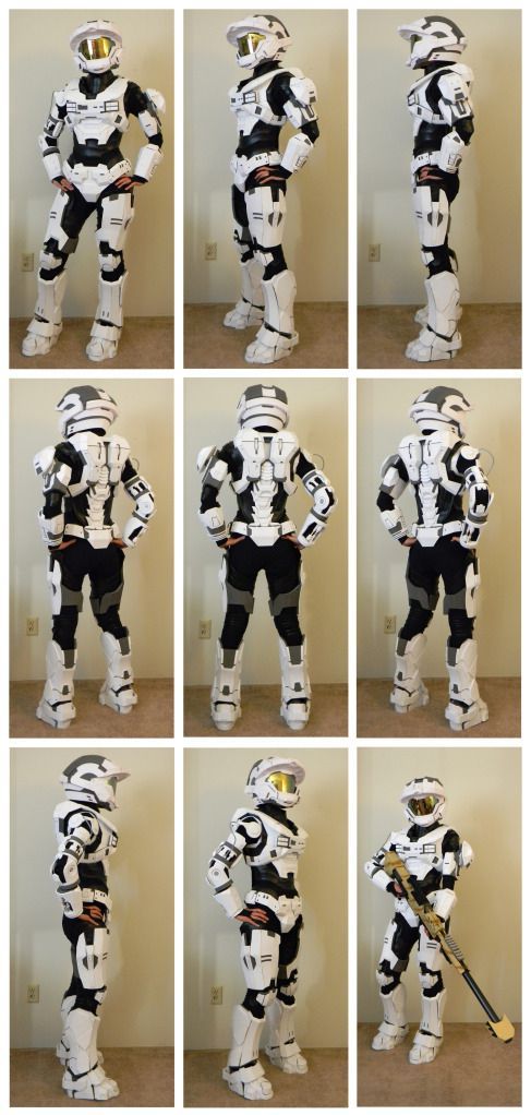 six pictures of a man in storm trooper costume holding a baseball bat and wearing different outfits