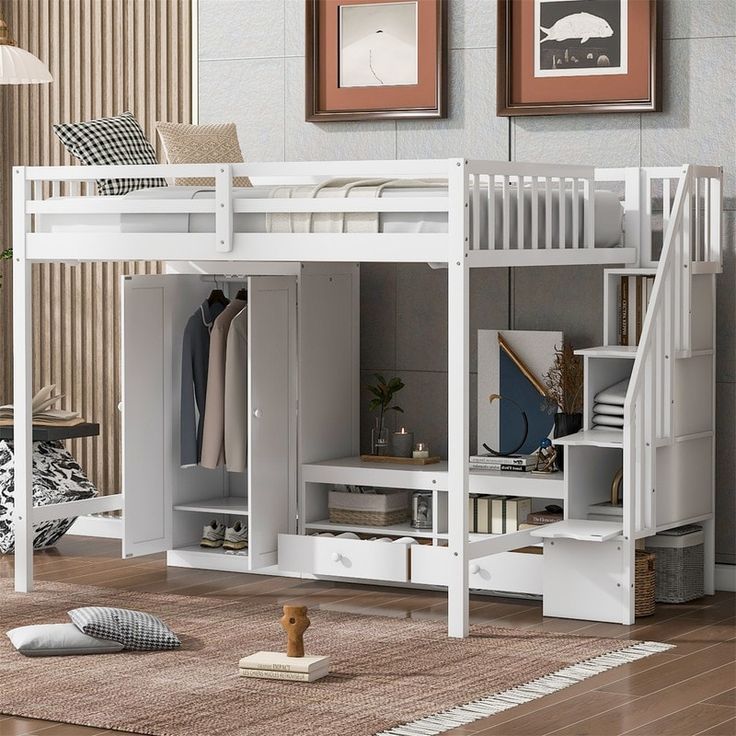 a white loft bed with stairs and storage underneath it in a room that has hardwood floors