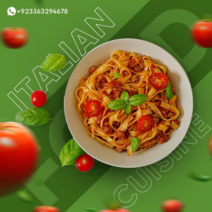 a bowl of pasta with tomatoes and basil on the side, surrounded by cherry tomatoes