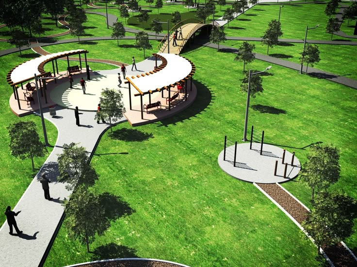 an artist's rendering of a park in the middle of a green field with trees