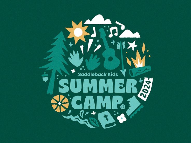 the logo for saddleback kids'summer camp is shown in green and yellow colors