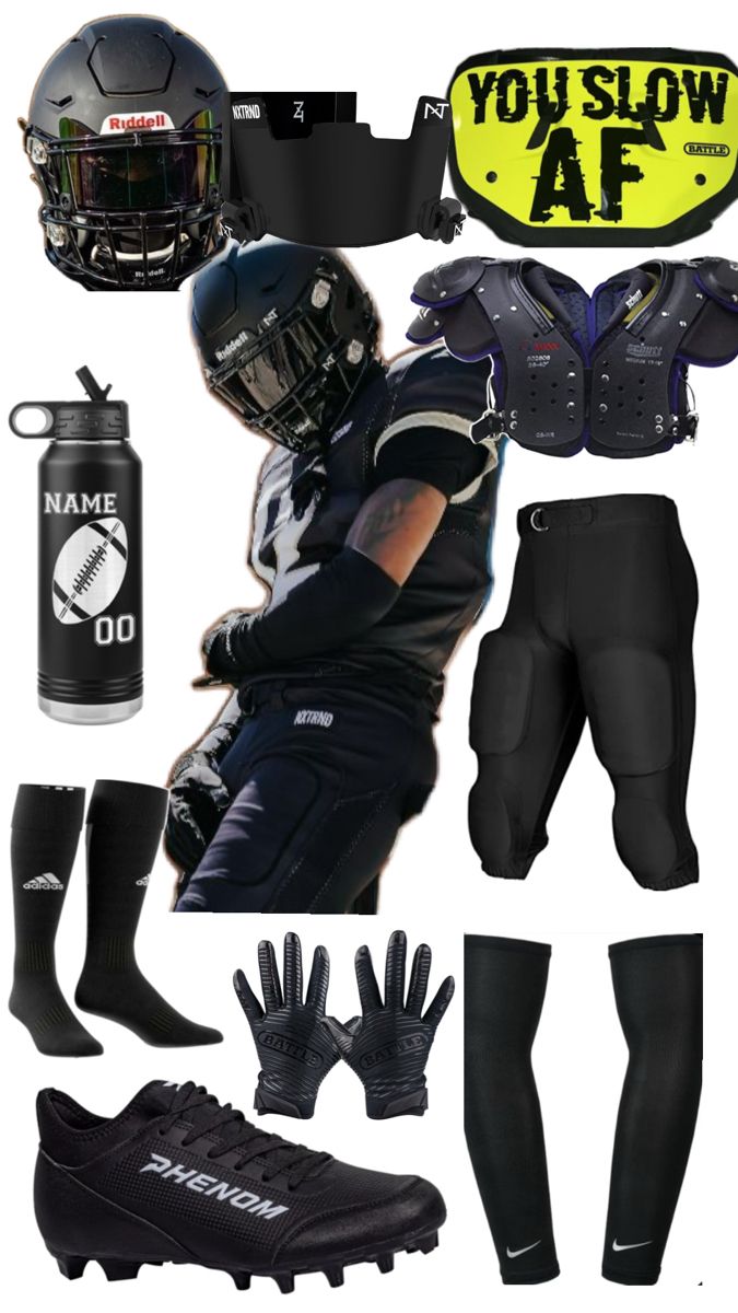 a collage of football gear including gloves, helmet and water bottle with the words you slow af written on it