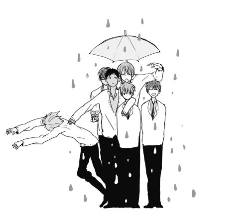 three people are standing under an umbrella in the rain, one is falling off his head