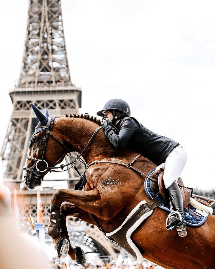 a person riding on the back of a horse in front of the eiffel tower