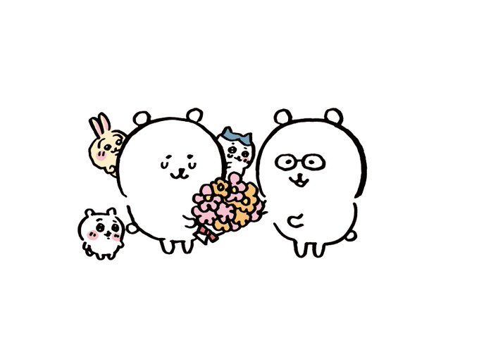 three cartoon bears with flowers in their hands and one bear holding the other's hand