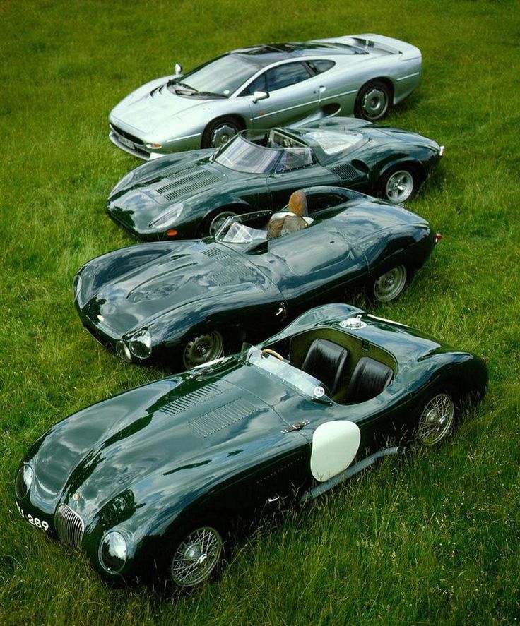 four model cars are lined up on the grass in a row, one black and one silver