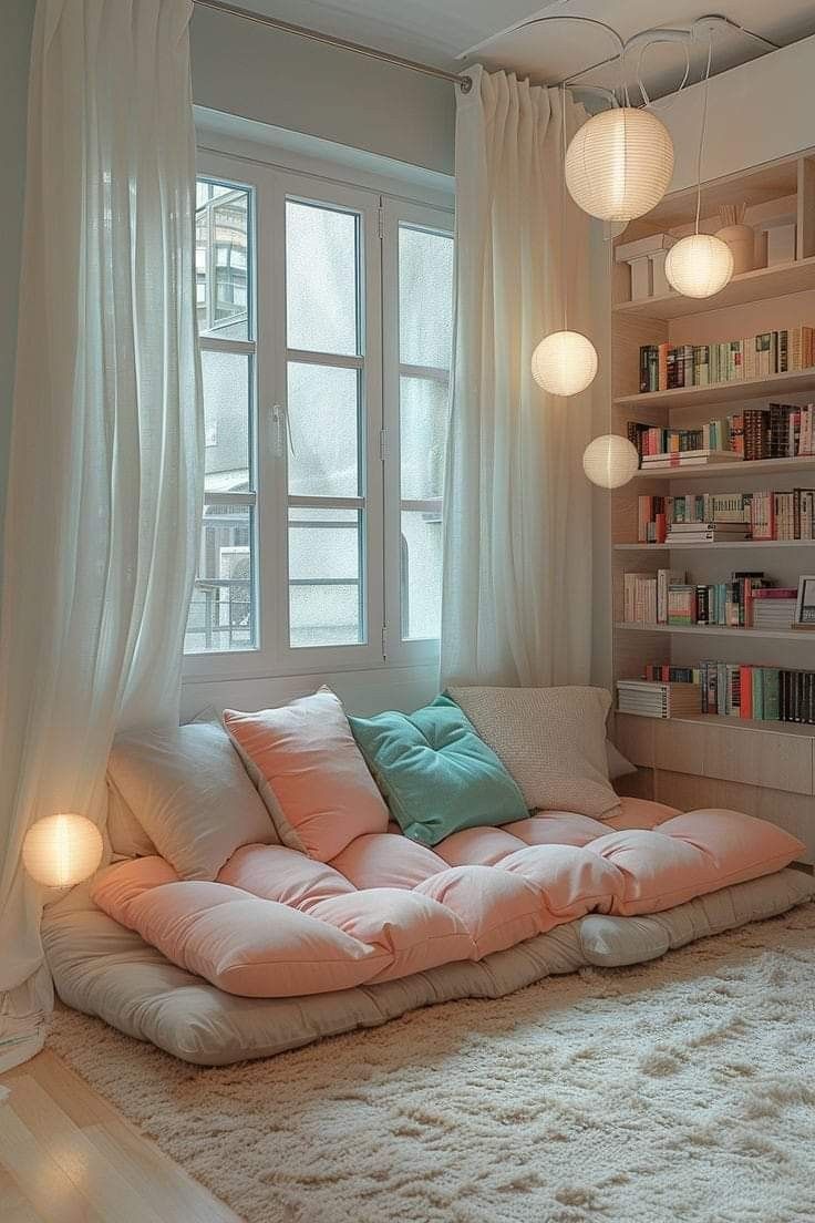 Cozy Sitting Area Reading Corners, Room Corner Ideas Bedroom, White Reading Room, Cosy Corner In Bedroom, Little Corner Decor Spaces, Cozy Room Corner Ideas, Small Bedroom Library Ideas, How To Make A Reading Nook, Reading Book In Bedroom